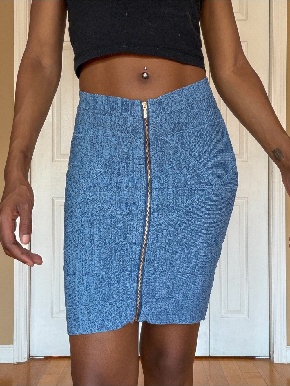 bebe Blue Knit Zip-Front Pencil Skirt